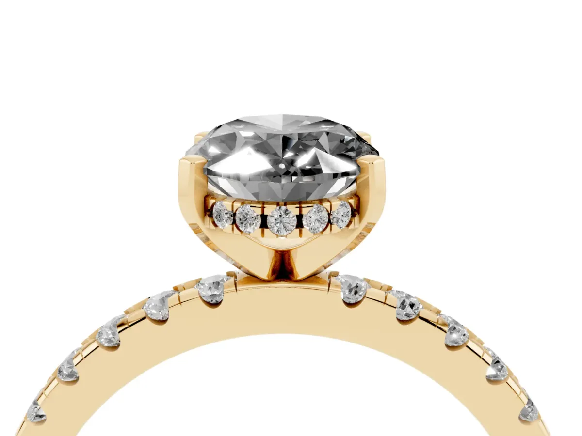 Fancy Black Oval Cut Diamond Solitaire Ring with Round Pavé Band and Four-Prong Setting Yellow gold