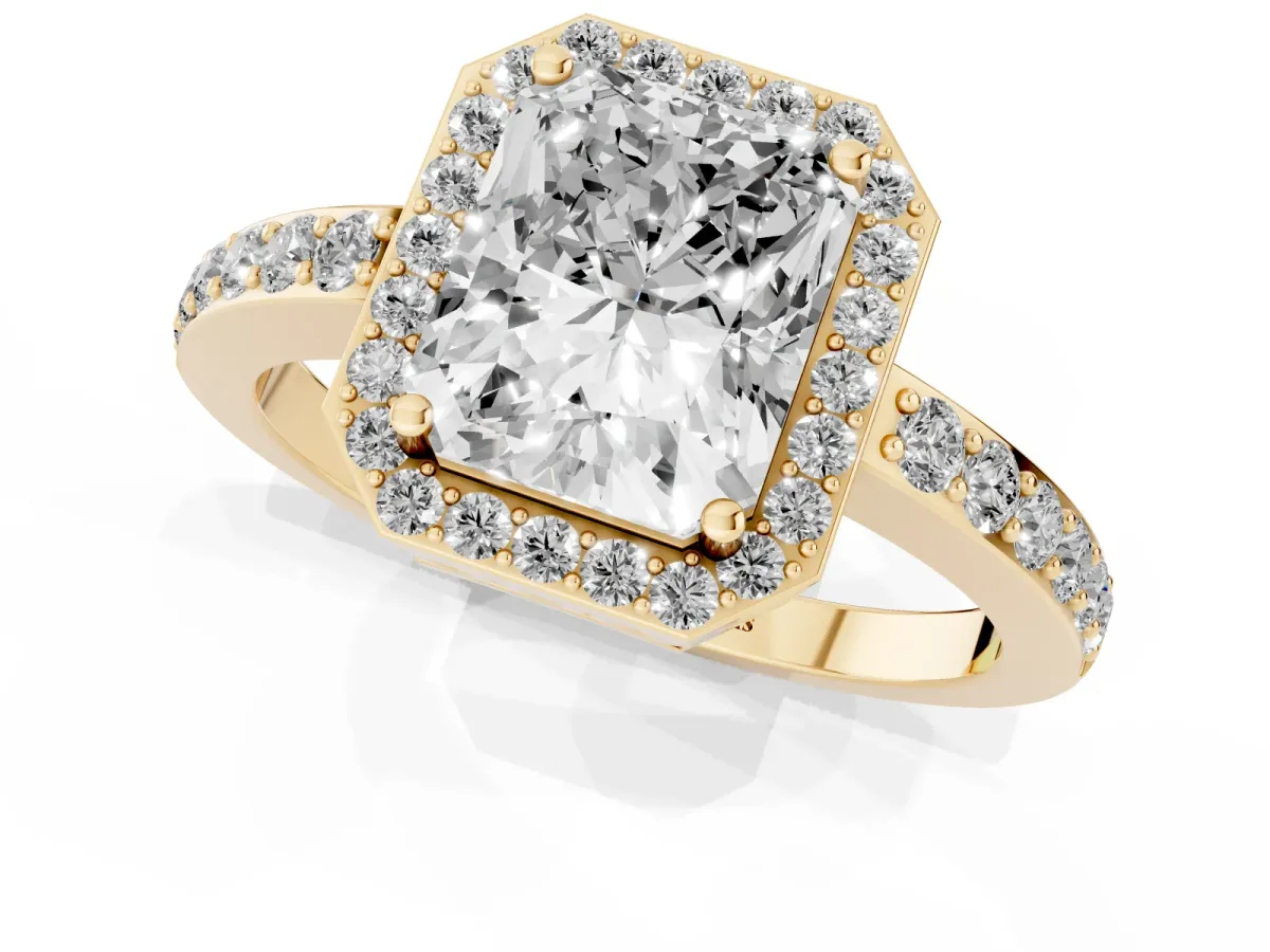 Radiant Cut Halo Diamond Pavé Band Ring with Prong Setting Yellow gold