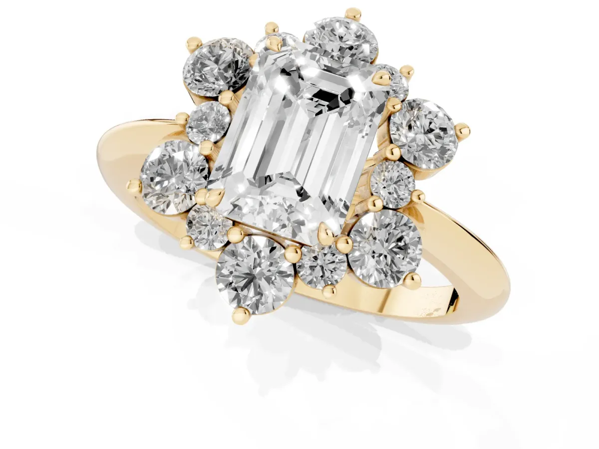 Emerald Cut Diamond Cluster Halo Ring with Solitaire Band and Four-Prong Setting Yellow gold