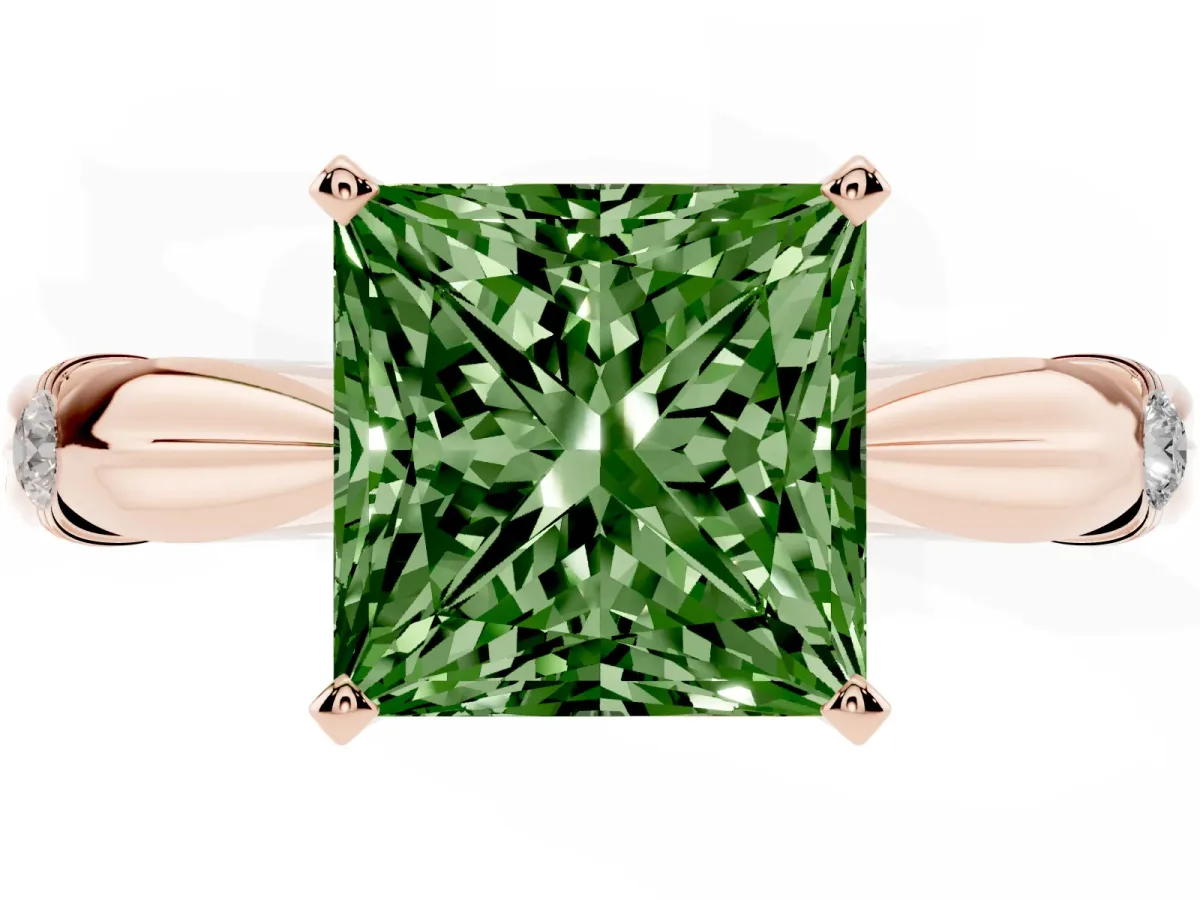 Fancy Green Princess Cut Solitaire Diamond Twisted Band with Four-Prong Setting Rose gold