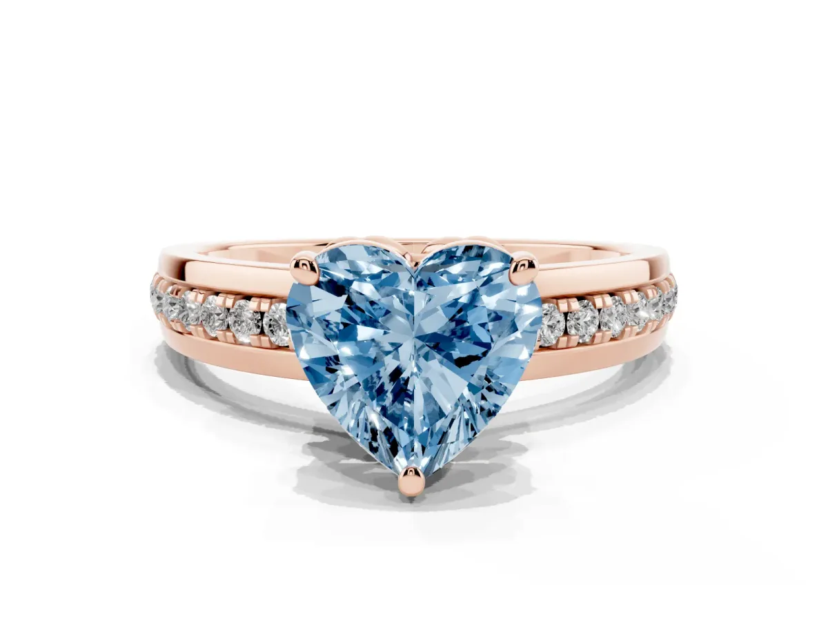 Fancy Blue Heart Cut Solitaire Diamond Ring with Channel Set Band and Six-Prong Setting Rose gold