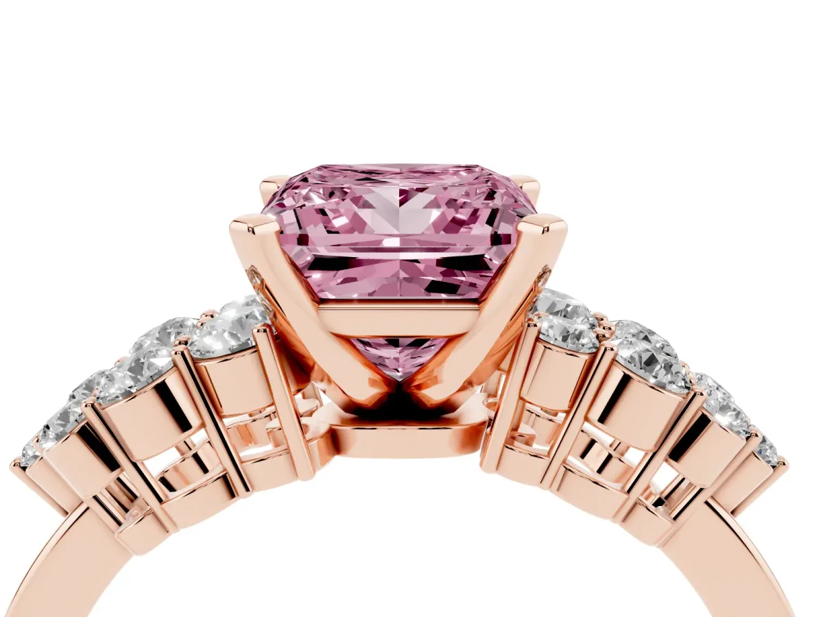 Fancy Pink Princess Cut Cluster Diamond Engagement Ring with Pavé Band and Four-Prong Setting Rose gold