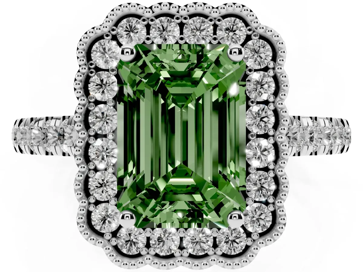 Fancy Green Emerald Cut Cut Diamond Milgrain Floral Halo Engagement Ring with Pavé Band Platinum