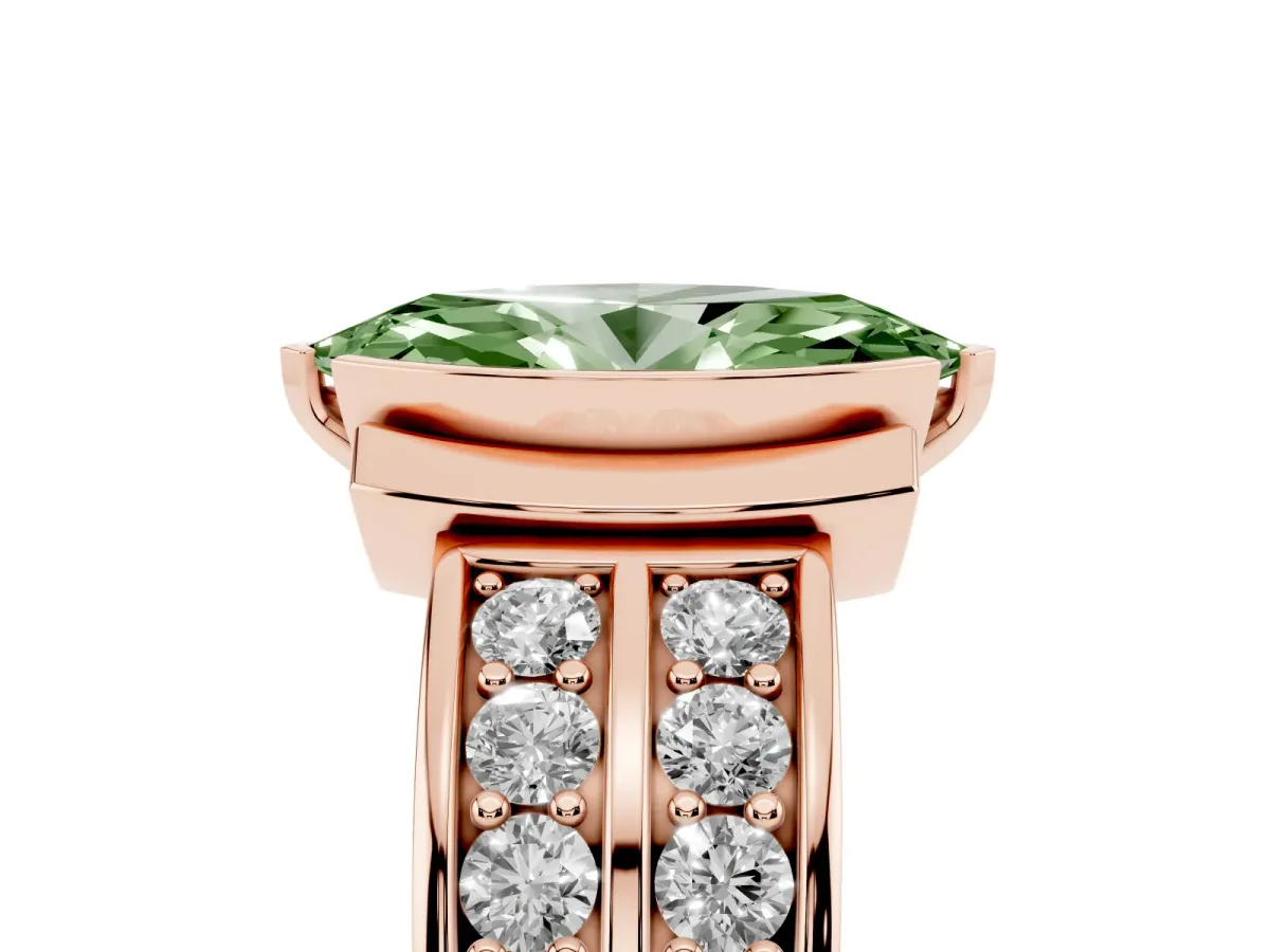 Fancy Green Marquise Cut Brilliant Diamond Channel Set Wide Band Ring with Bezel Setting Rose gold