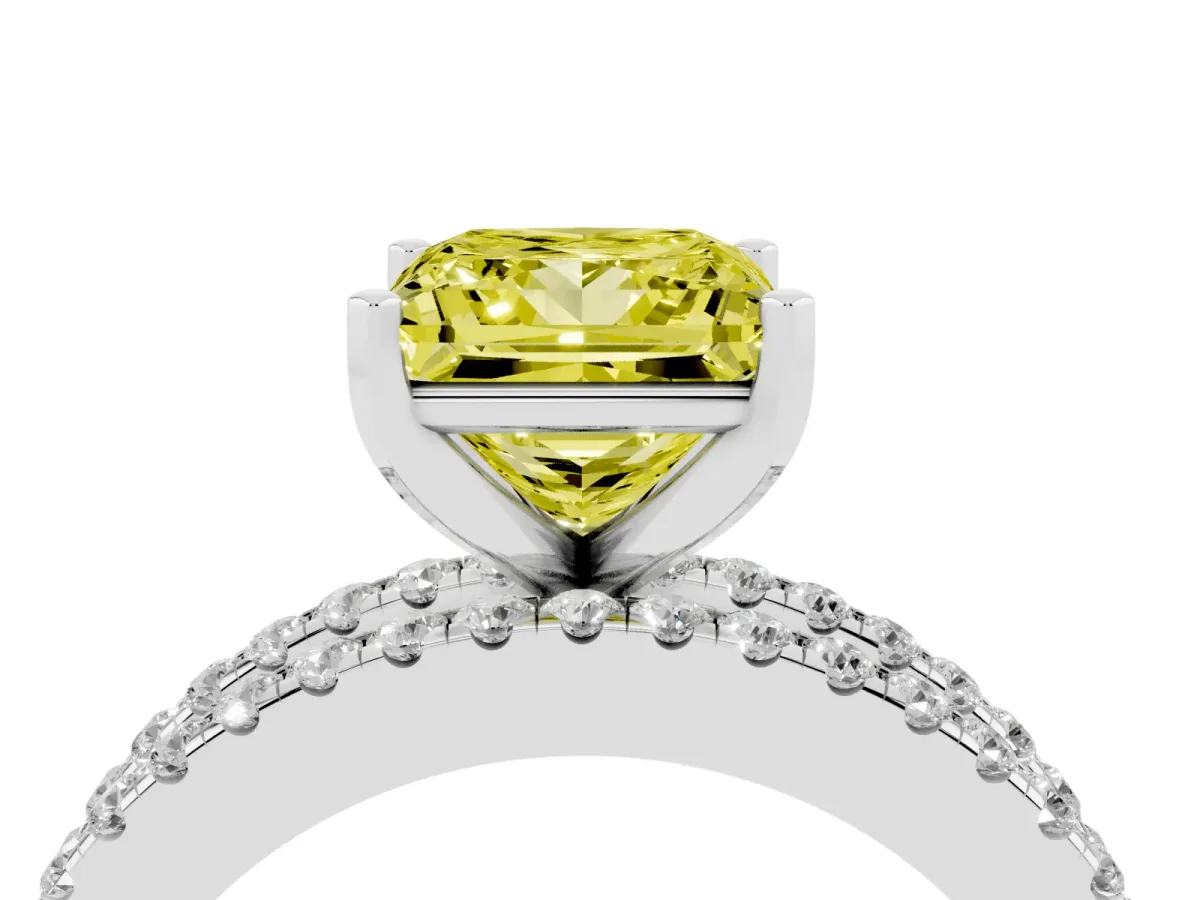 Fancy Yellow Princess Cut Diamond Solitaire Ring with Pavé and Channel Set Band Silver