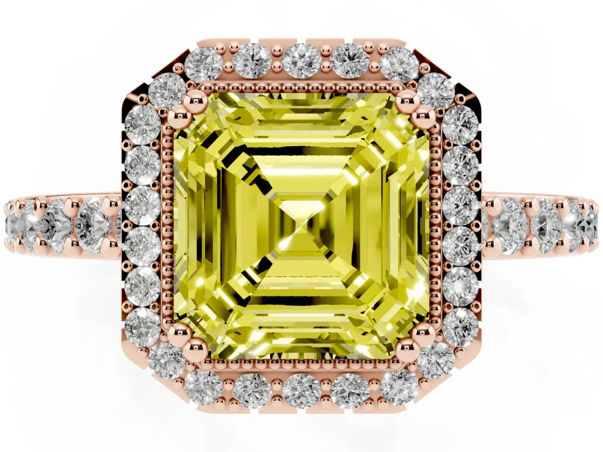 Fancy Yellow Asscher Cut Cut Diamond Halo Engagement Ring with Milgrain Detail and Pavé Band Rose gold