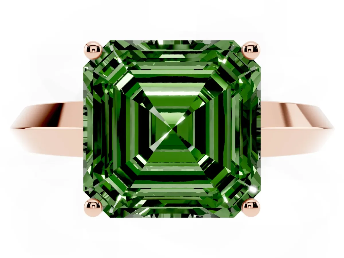 Fancy Green Asscher Cut Cut Solitaire Engagement Ring with Flat Band and Four-Prong Setting Rose gold