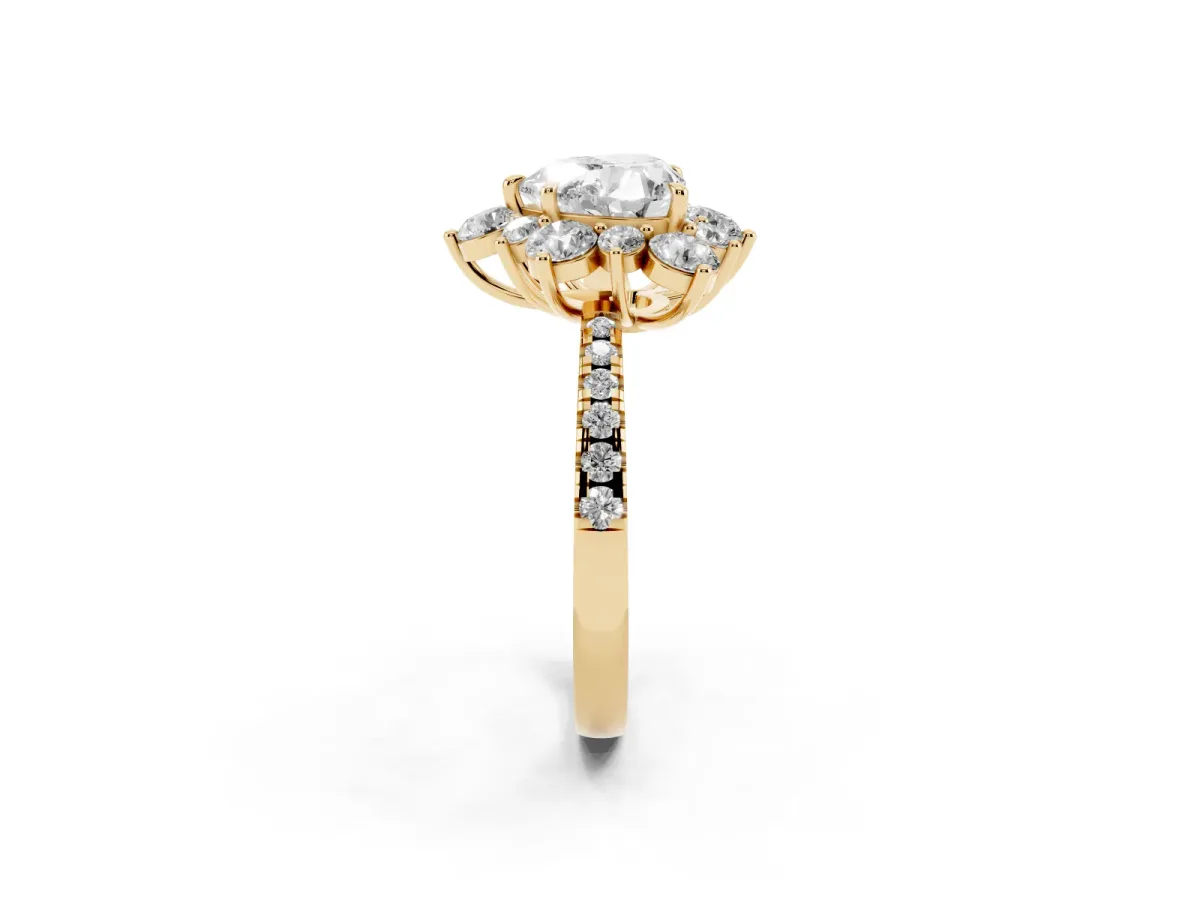Heart Cut Diamond Floral Halo Ring with Round Pavé Band and Prong Setting Yellow gold