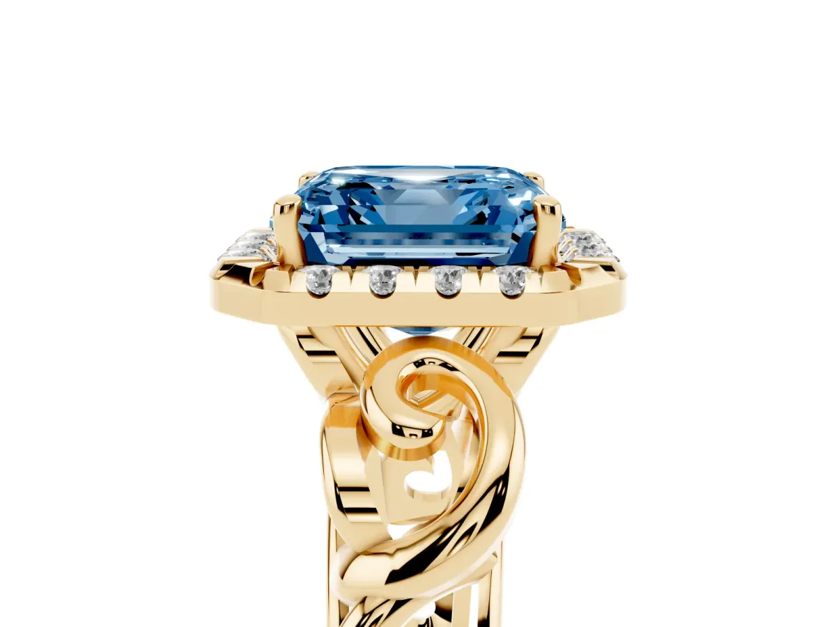 Fancy Blue Asscher Cut Cut Halo Diamond Ring with Scrollwork Band and Four-Prong Setting Yellow gold