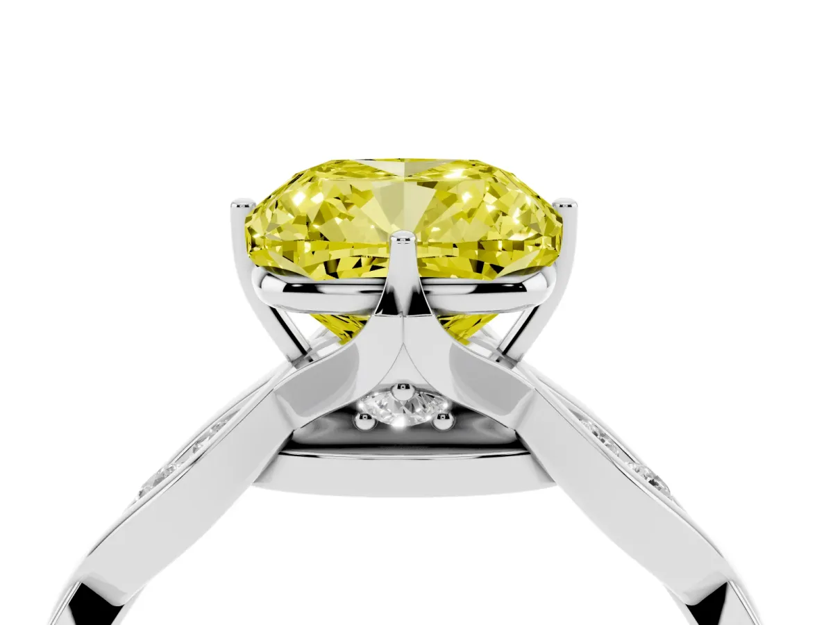 Fancy Yellow Cushion Cut Solitaire Twist Band with Leaf Prong Setting Silver