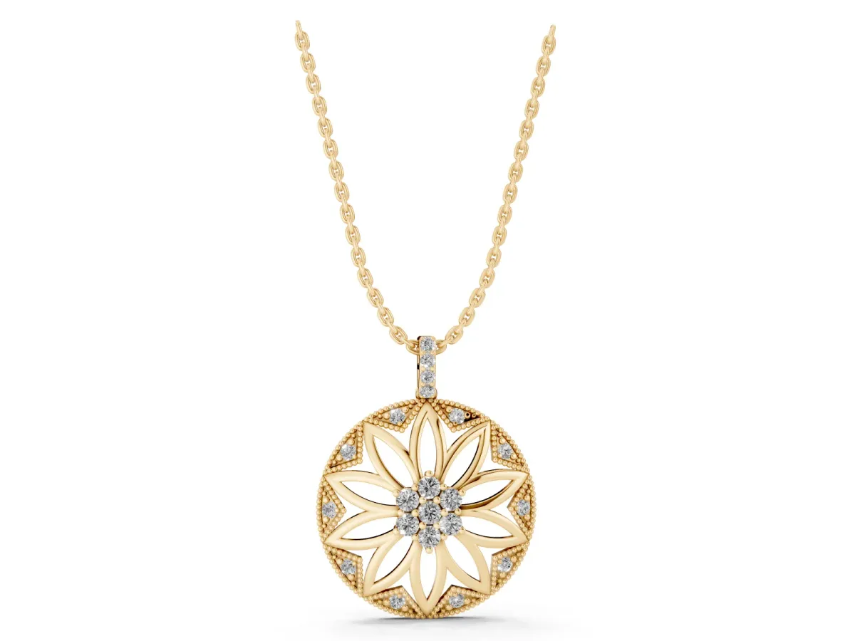 Round Diamond Cluster Flower Pendant Yellow gold