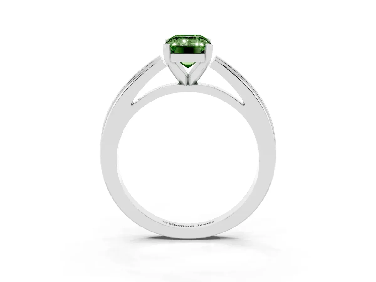Fancy Green Emerald Cut Solitaire Diamond Ring with Four-Prong Setting and Classic Band Platinum