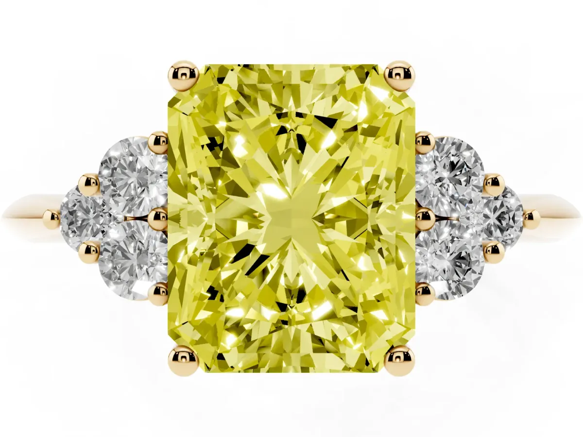 Fancy Yellow Radiant Cut Cut Diamond Cluster Ring with Solitaire Band and Four-Prong Setting Yellow gold