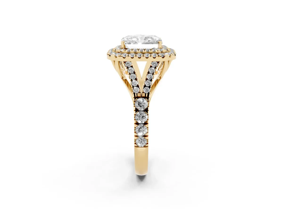 Double Halo Radiant Cut Diamond Split Shank Engagement Ring with Four-Prong Setting Yellow gold
