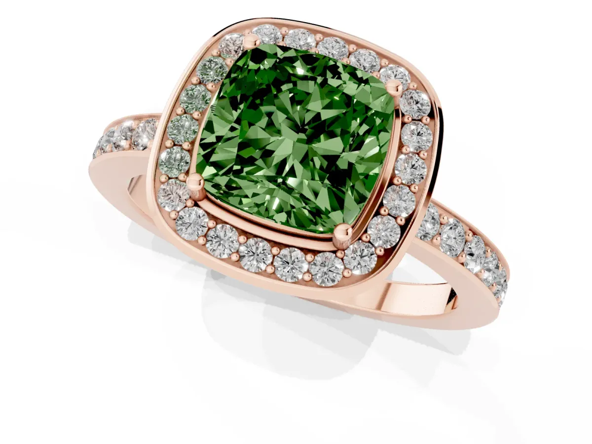 Fancy Green Cushion Cut Diamond Halo Ring with Bezel Frame and Pavé Band Rose gold
