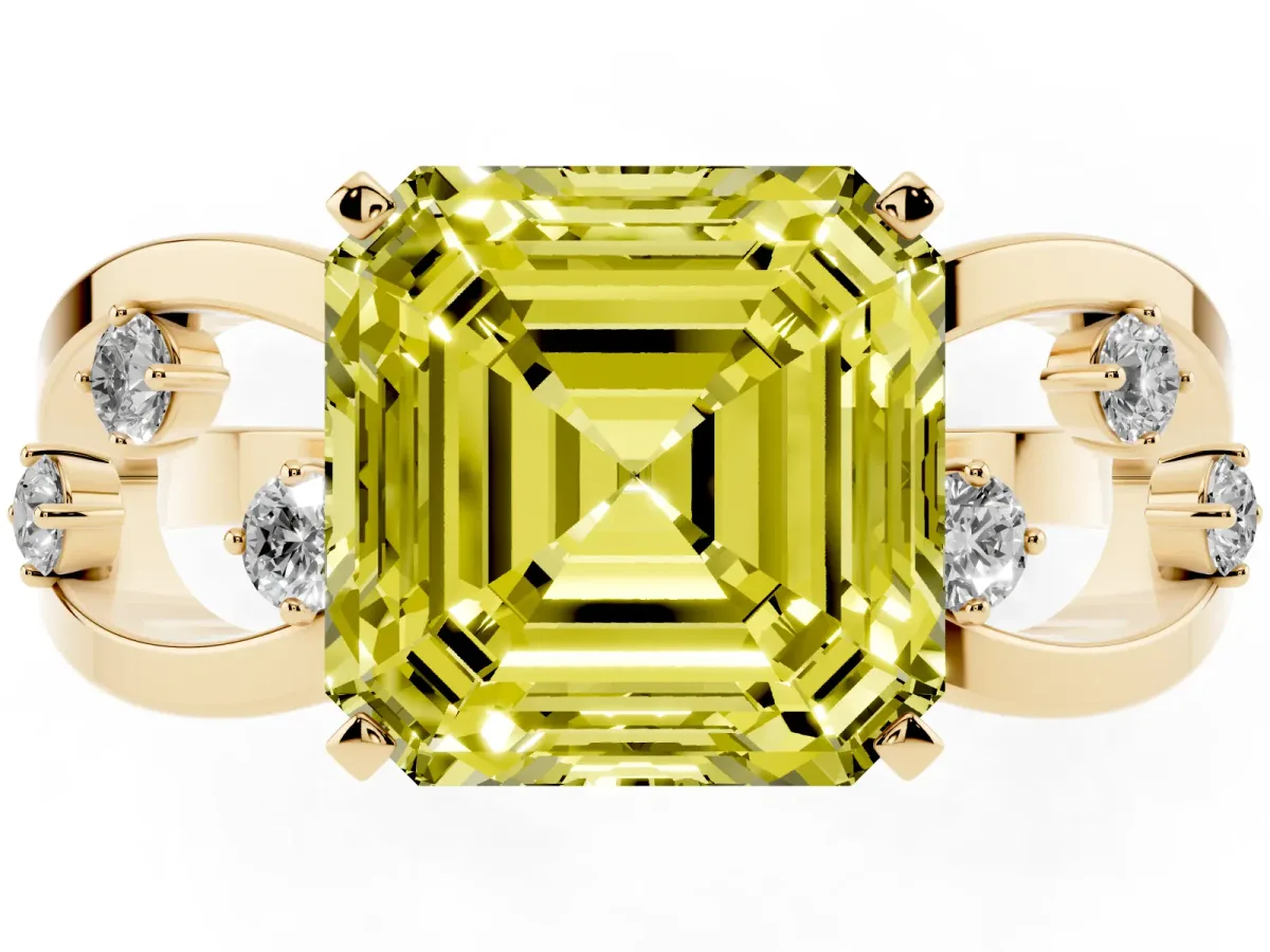 Fancy Yellow Asscher Cut Cut Solitaire Diamond with Side Stones on Criss-Cross Band and Four-Prong Setting Yellow gold