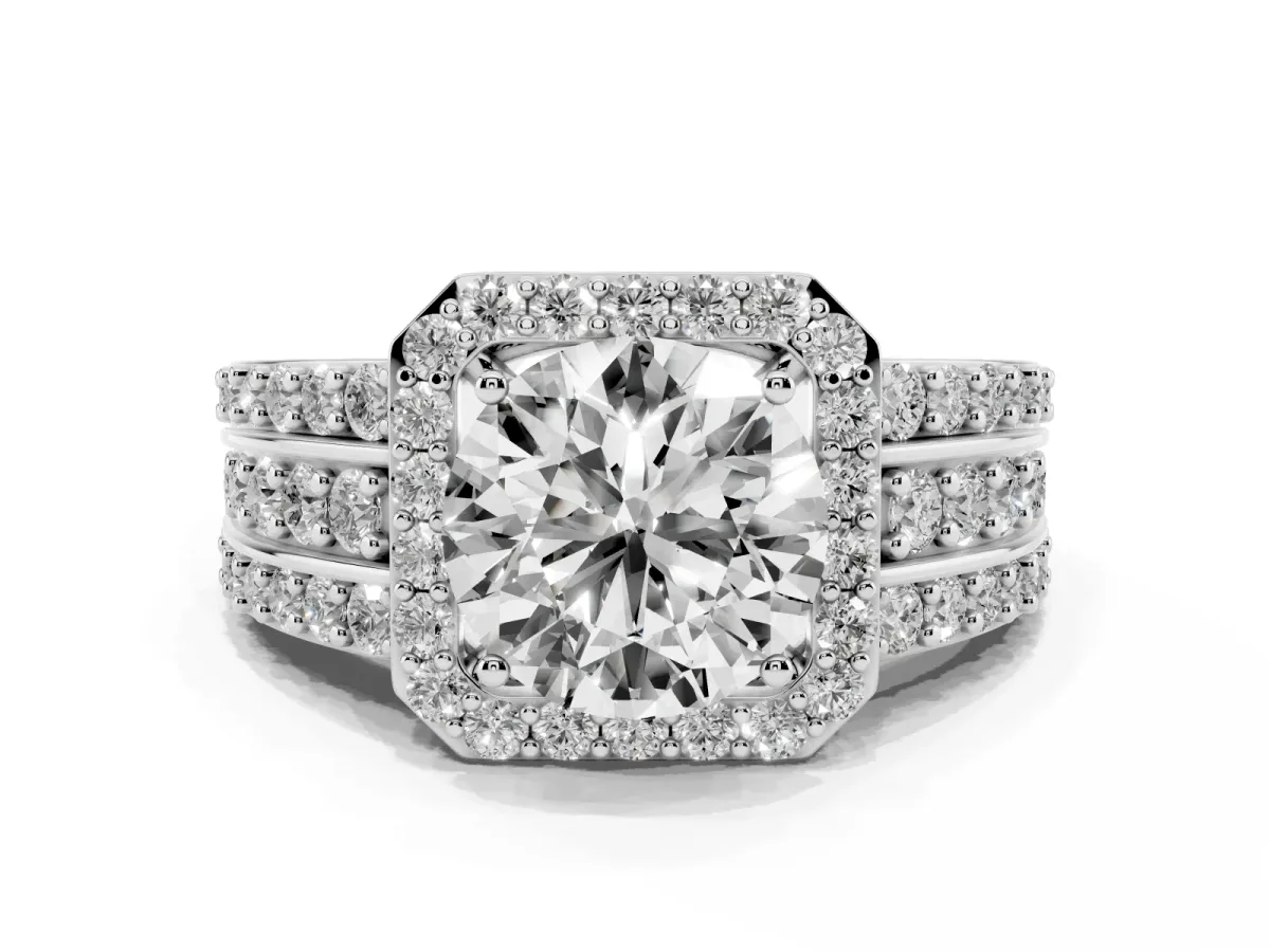 Round Cut Halo Diamond Ring with Round Split Shank and Prong Setting Silver