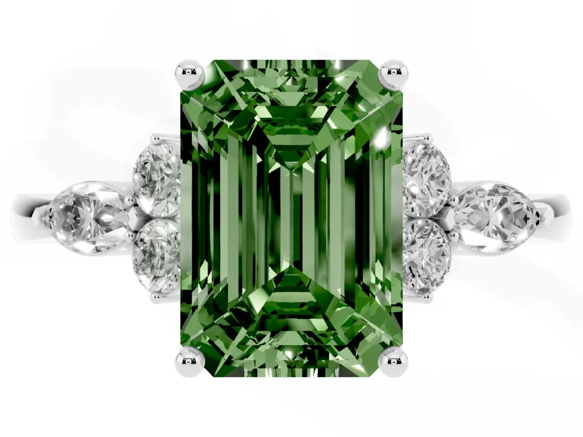 Fancy Green Emerald Cut Brilliant Diamond Solitaire Ring with Pear Side Stones and Four-Prong Setting Platinum