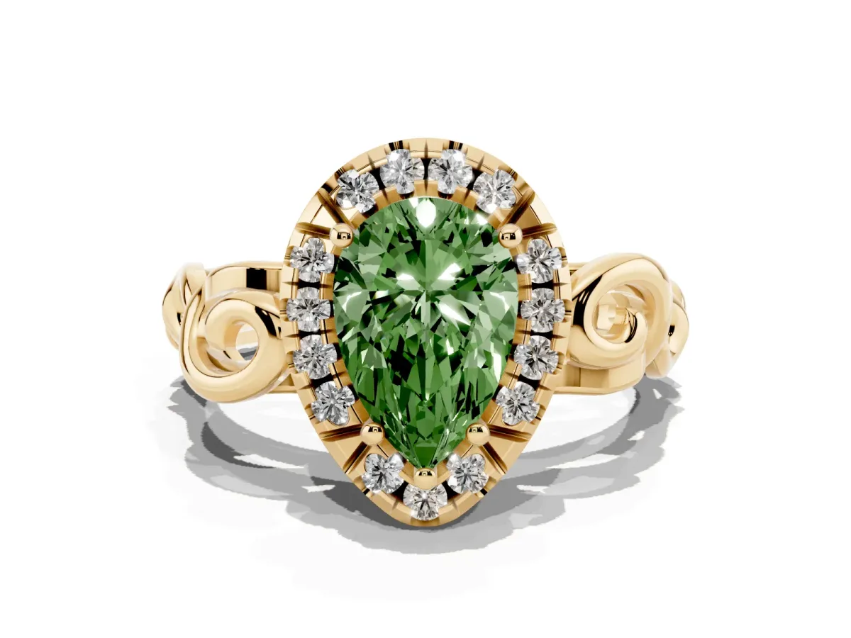 Fancy Green Pear Cut Cut Halo Diamond Ring with Scrollwork Band and Four-Prong Setting Yellow gold