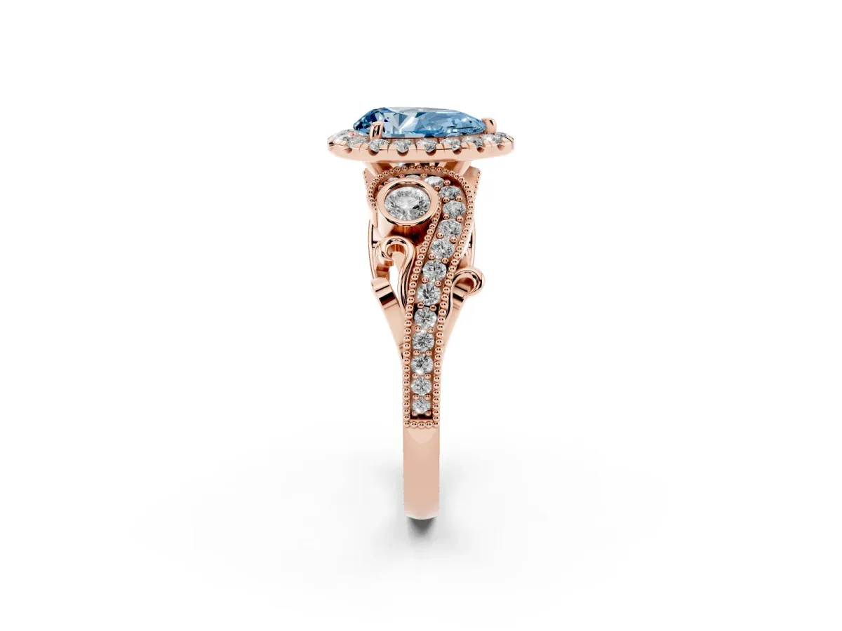 Fancy Blue Pear Cut Halo Diamond Ring with Milgrain and Bezel Accents on a Split Shank Band Rose gold