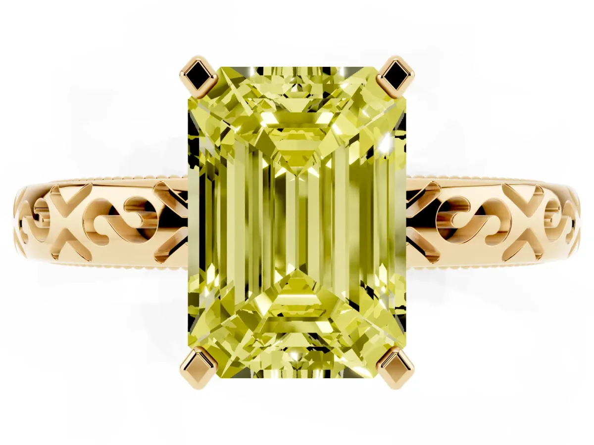 Fancy Yellow Emerald Cut Solitaire Engagement Ring with Scrollwork Band and Four-Prong Setting Yellow gold
