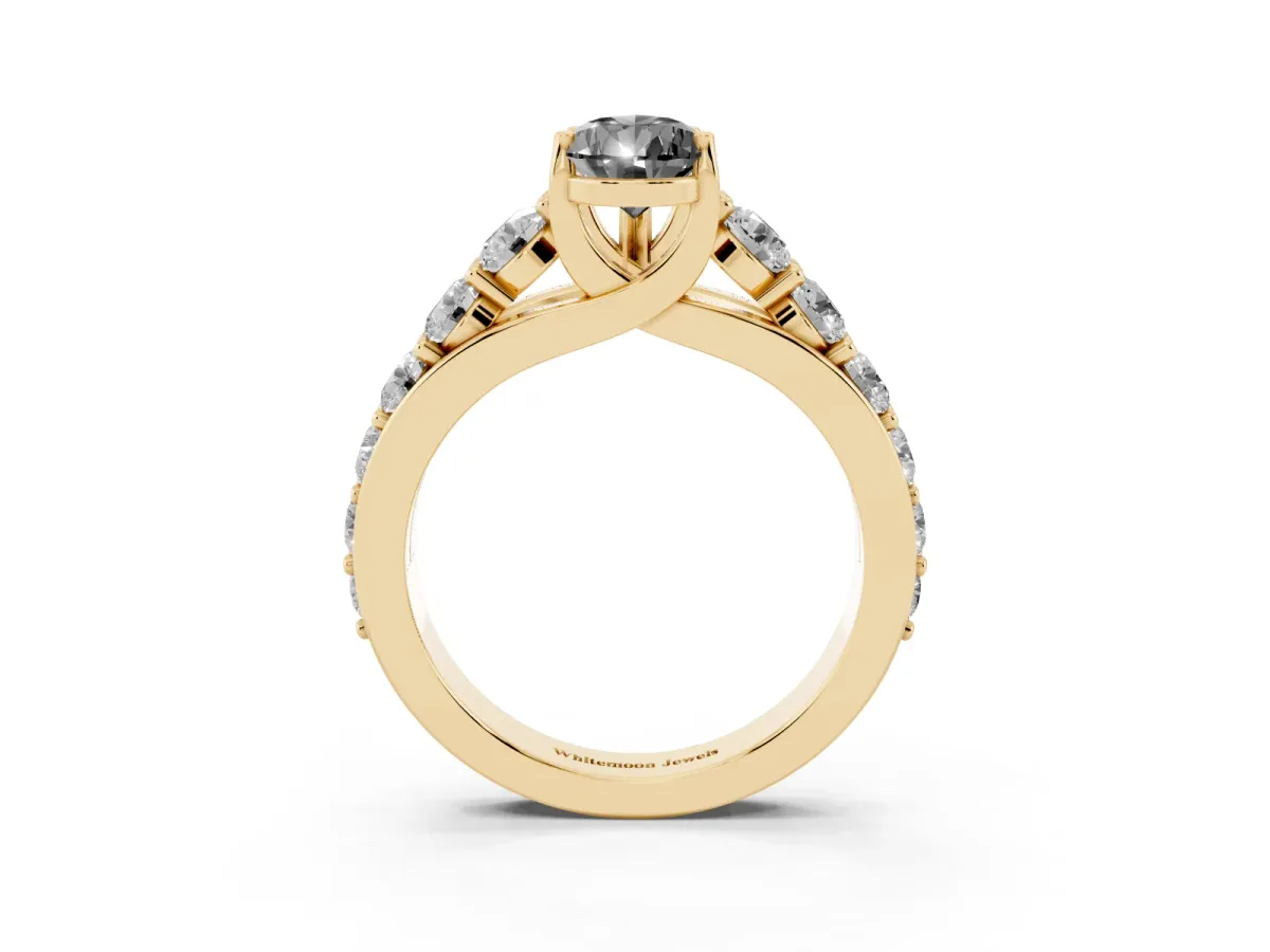 Fancy Black Pear Cut Diamond Engagement Ring with Pavé Band and Four-Prong Setting Yellow gold