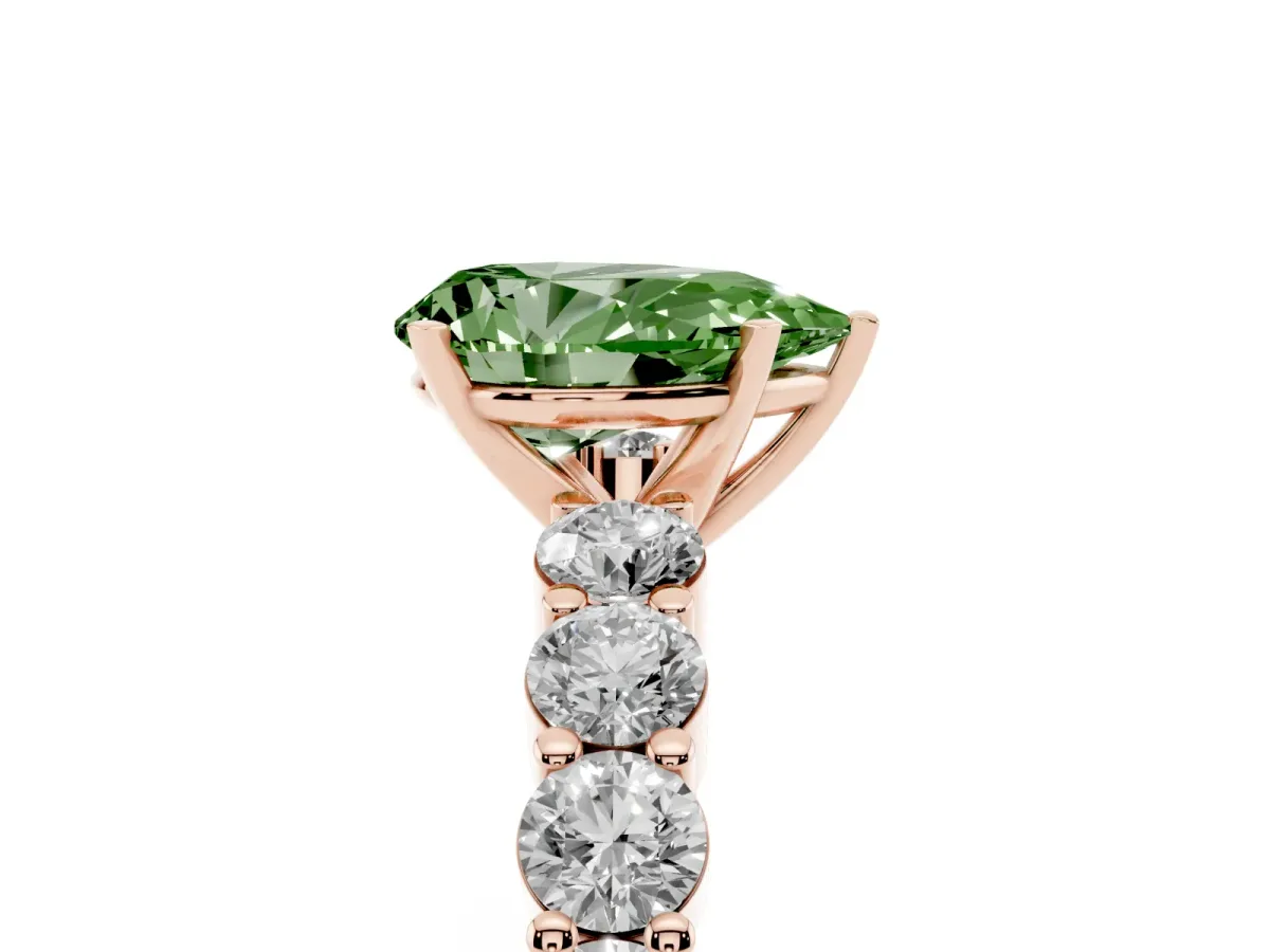 Fancy Green Pear Cut Diamond Solitaire Ring with Shared Prong Round Side Stones Rose gold