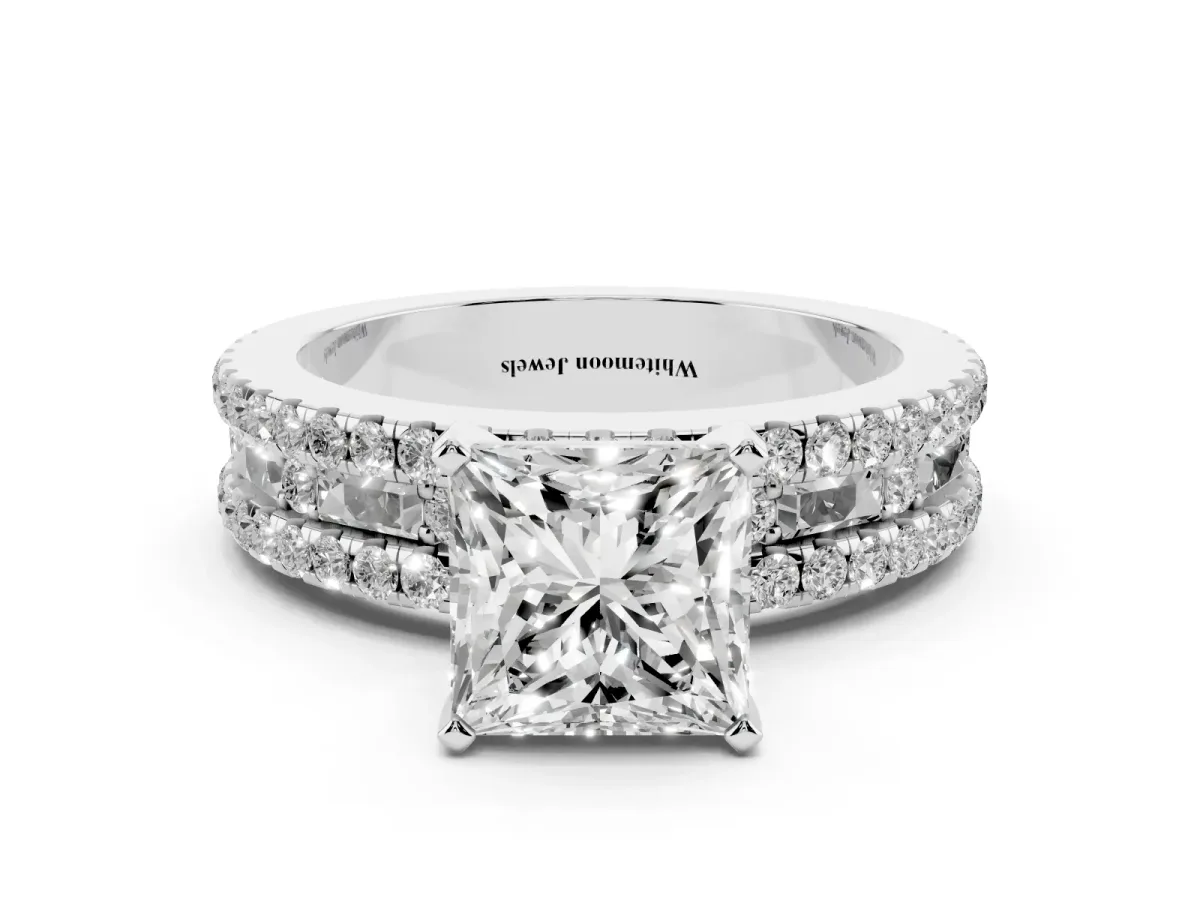 Princess Cut Diamond Solitaire Ring with Pavé and Channel Set Band Silver