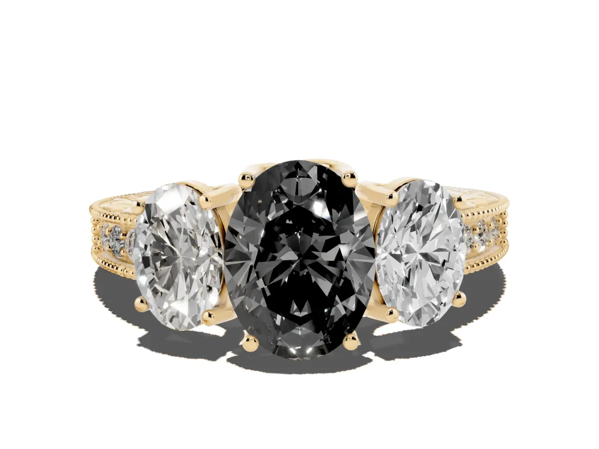 Fancy Black Three-Stone Oval Cut Cut Milgrain Pavé Engagement Ring Yellow gold