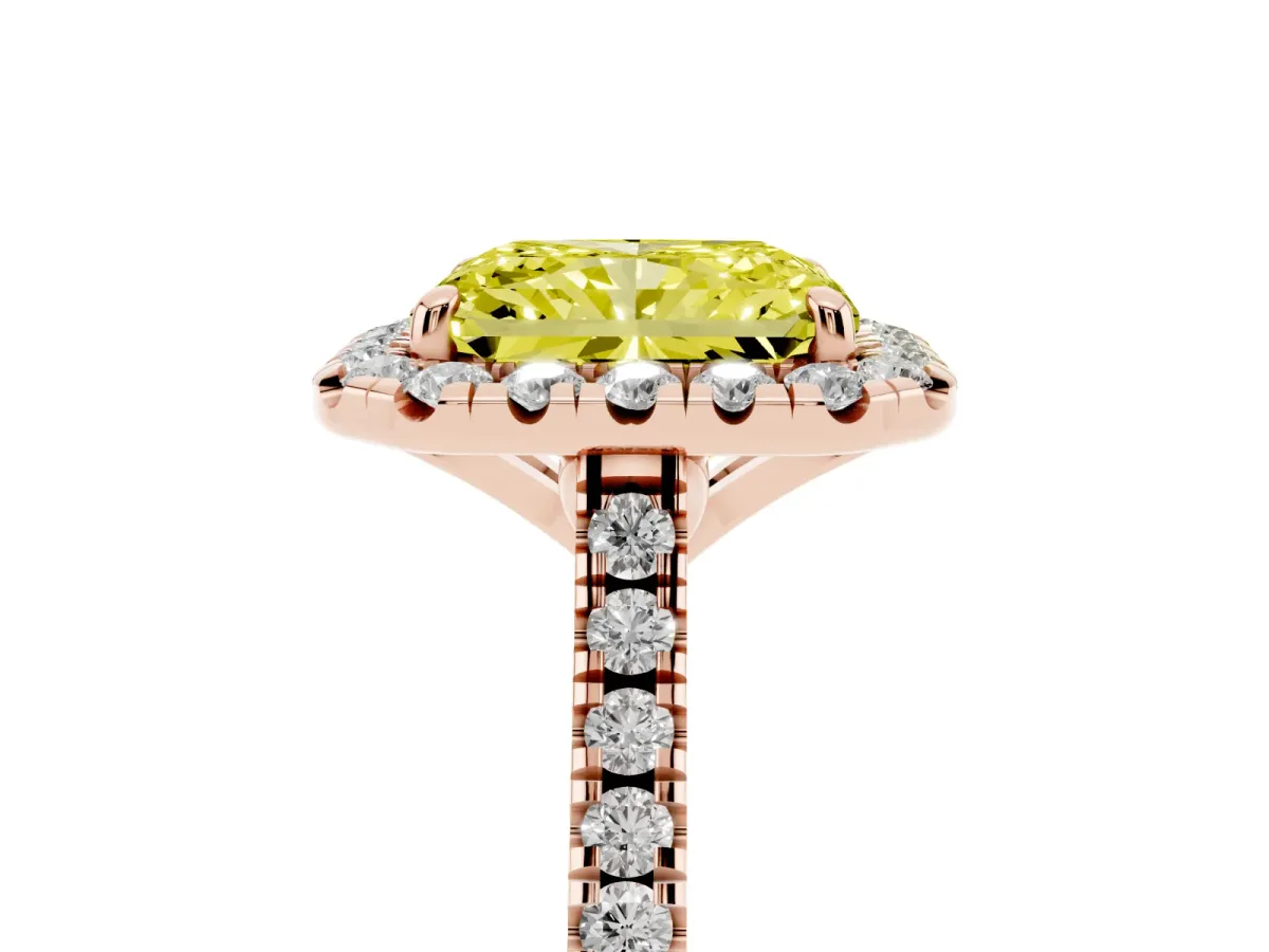 Fancy Yellow Radiant Cut Diamond Cushion Halo Ring with Pavé Band Rose gold
