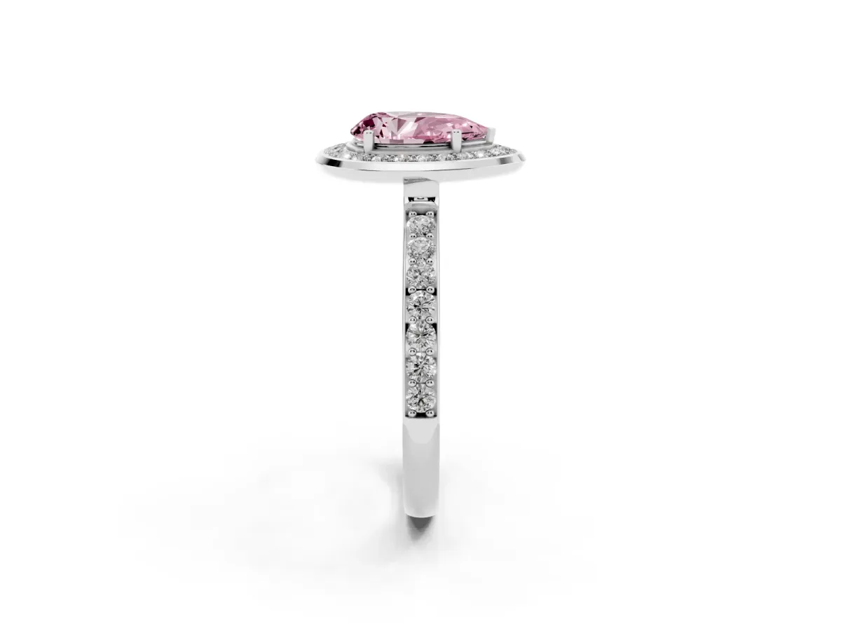 Fancy Pink Pear Cut Diamond Halo Ring with Bezel Frame and Pavé Band Silver