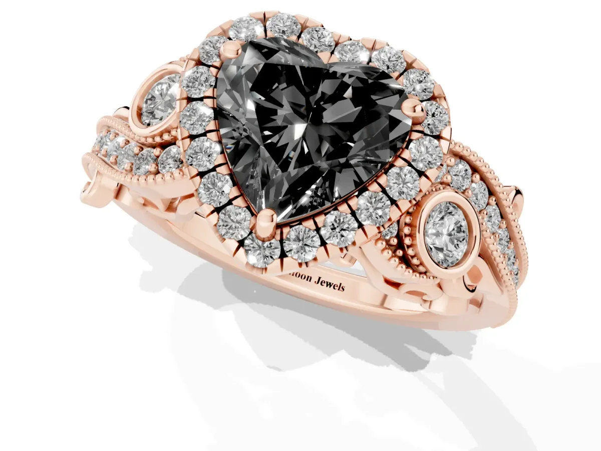Fancy Black Heart Cut Halo Diamond Ring with Milgrain and Bezel Accents on a Split Shank Band Rose gold