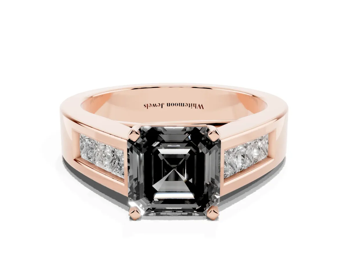 Fancy Black Asscher Cut Cut Channel Set Solitaire Ring with Four-Prong Setting Rose gold