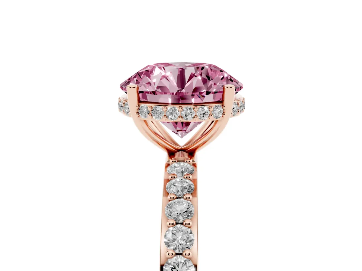 Fancy Pink Round Cut Diamond Solitaire Ring with Pavé Band and Hidden Halo Rose gold