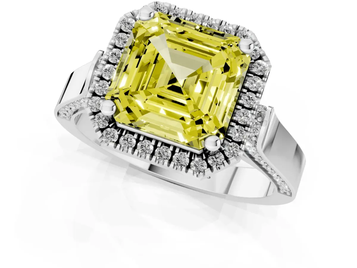 Fancy Yellow Asscher Cut Halo Pave Split Shank Prong Setting Ring Silver