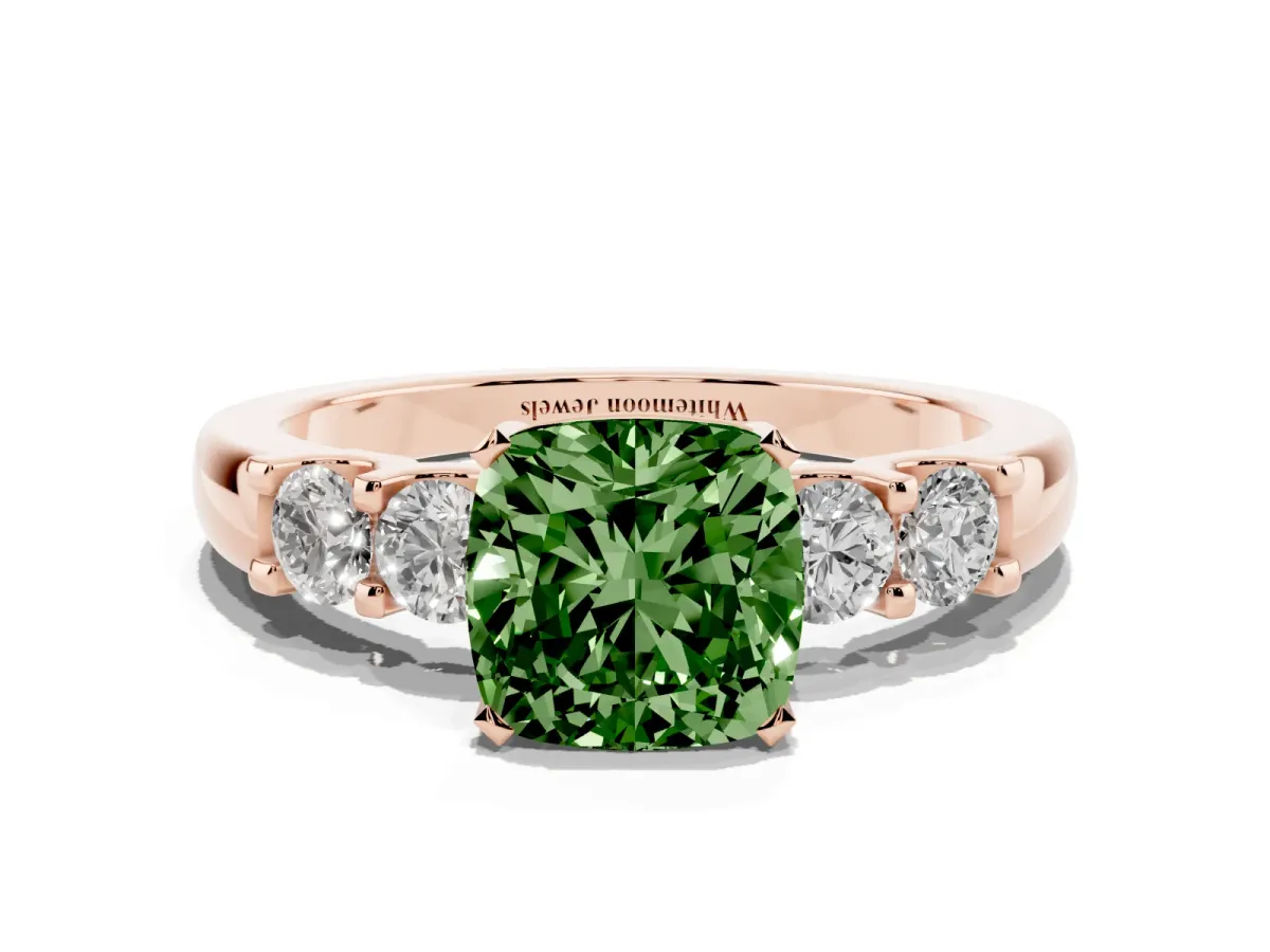 Fancy Green Cushion Cut Brilliant Cut Diamond Five-Stone Prong Set Engagement Ring with Channel Band Rose gold