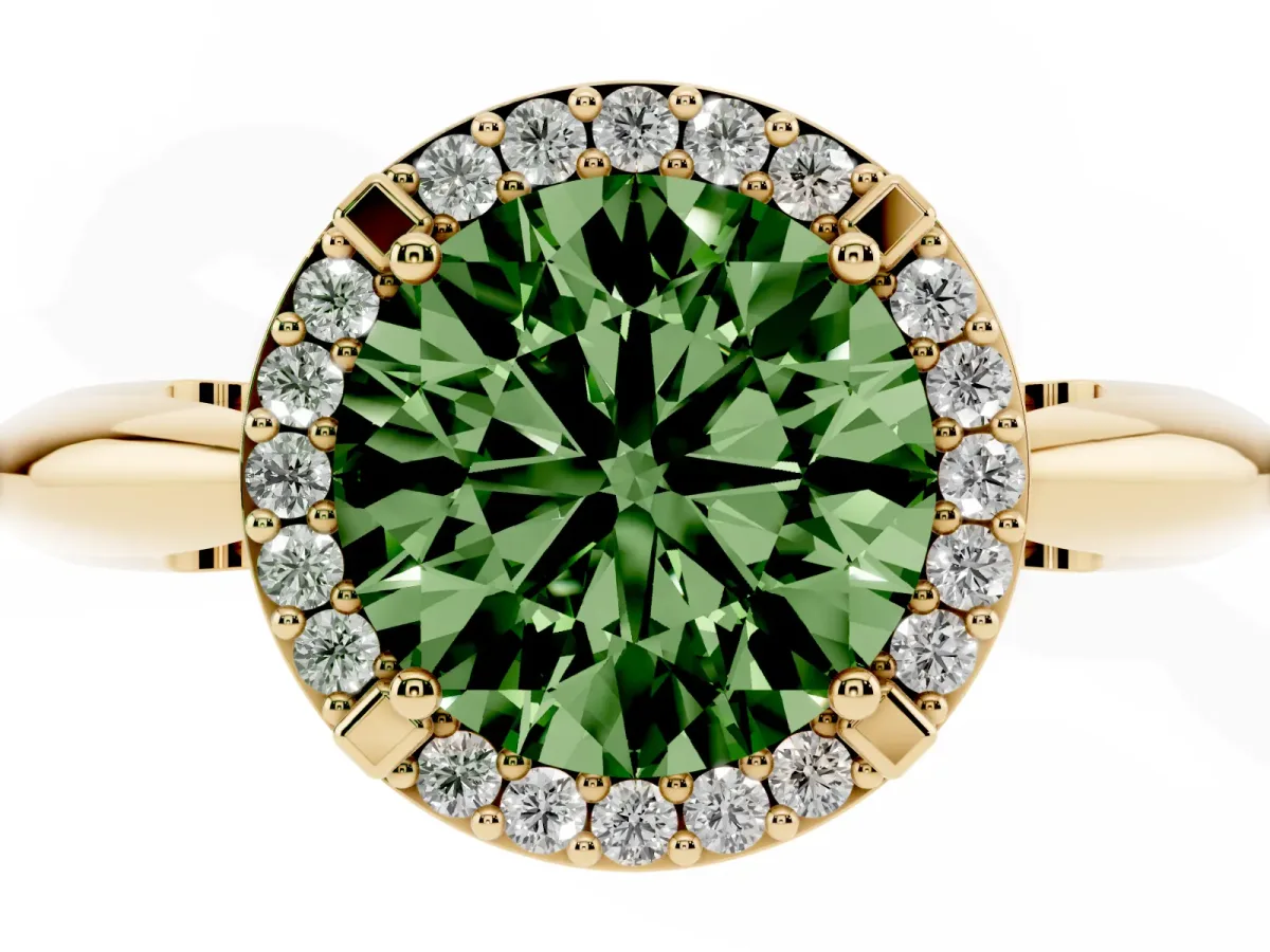 Fancy Green Round Cut Cut Diamond Halo Engagement Ring with Split Shank and Four-Prong Setting Yellow gold