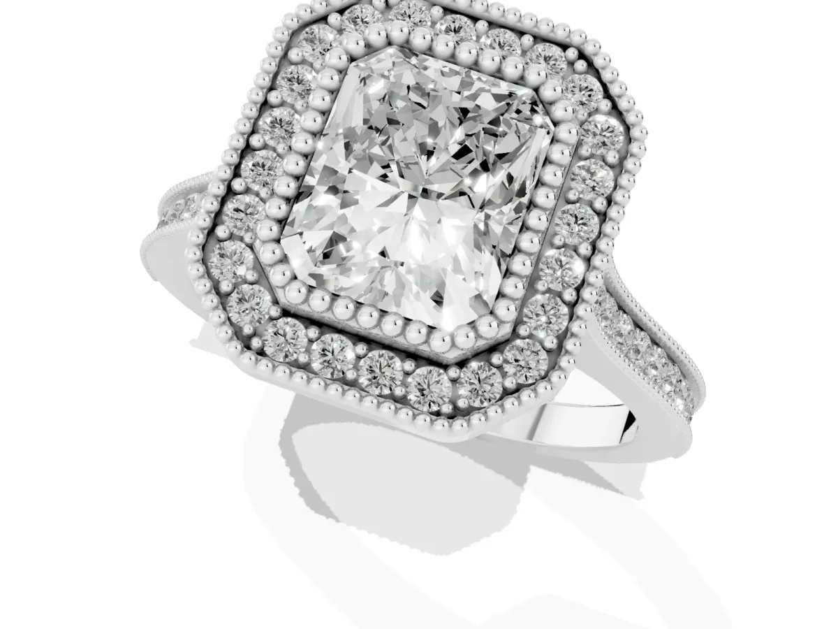 Radiant Cut Diamond Halo Ring with Milgrain Frame and Pavé Band Silver