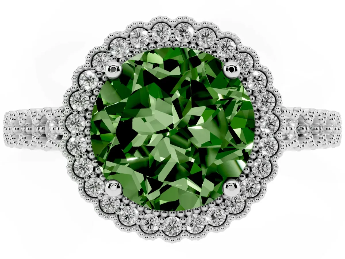 Fancy Green Round Cut Cut Halo Pavé Solitaire Ring with Milgrain Band Silver