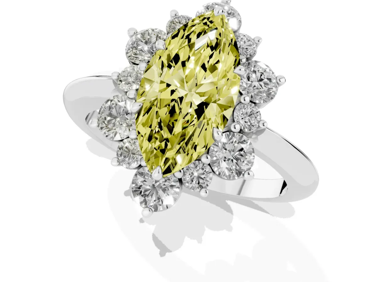 Fancy Yellow Marquise Cut Diamond Cluster Halo Ring with Solitaire Band and Four-Prong Setting Silver