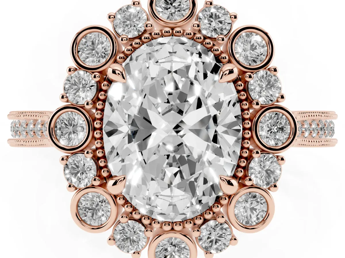 Oval Cut Halo Milgrain Pave Diamond Ring with Four-Prong Setting Rose gold