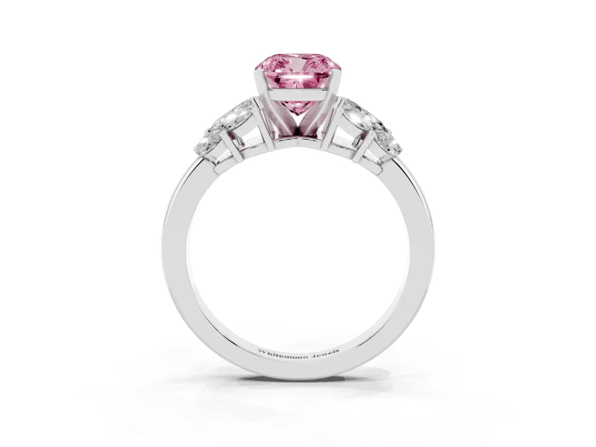Fancy Pink Cushion Cut Diamond Cluster Leaf Design Ring with Prong Setting White gold