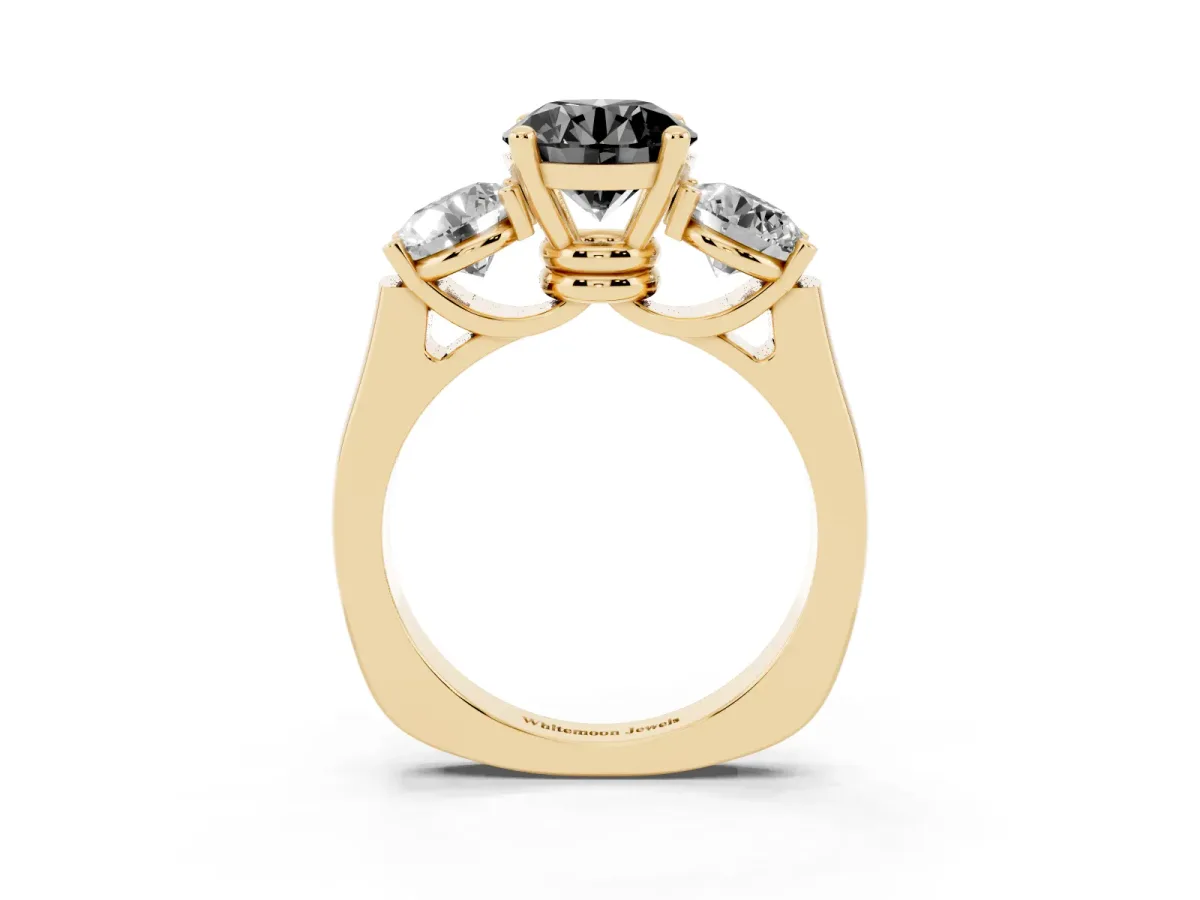 Fancy Black Three-Stone Round Cut Brilliant Diamond Trellis Ring with Comfort Fit Band Yellow gold