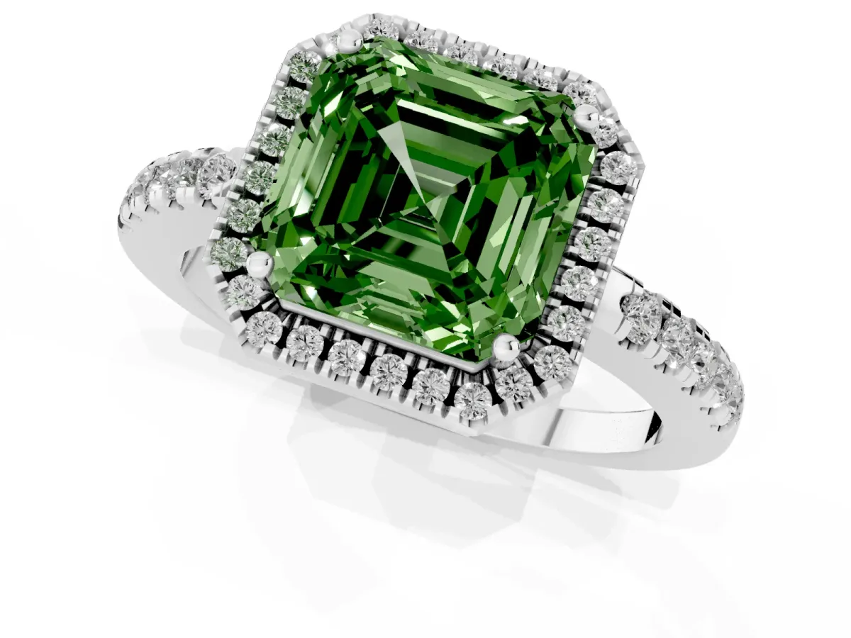 Fancy Green Asscher Cut Halo Diamond Engagement Ring with Pavé Band and Four-Prong Setting Platinum