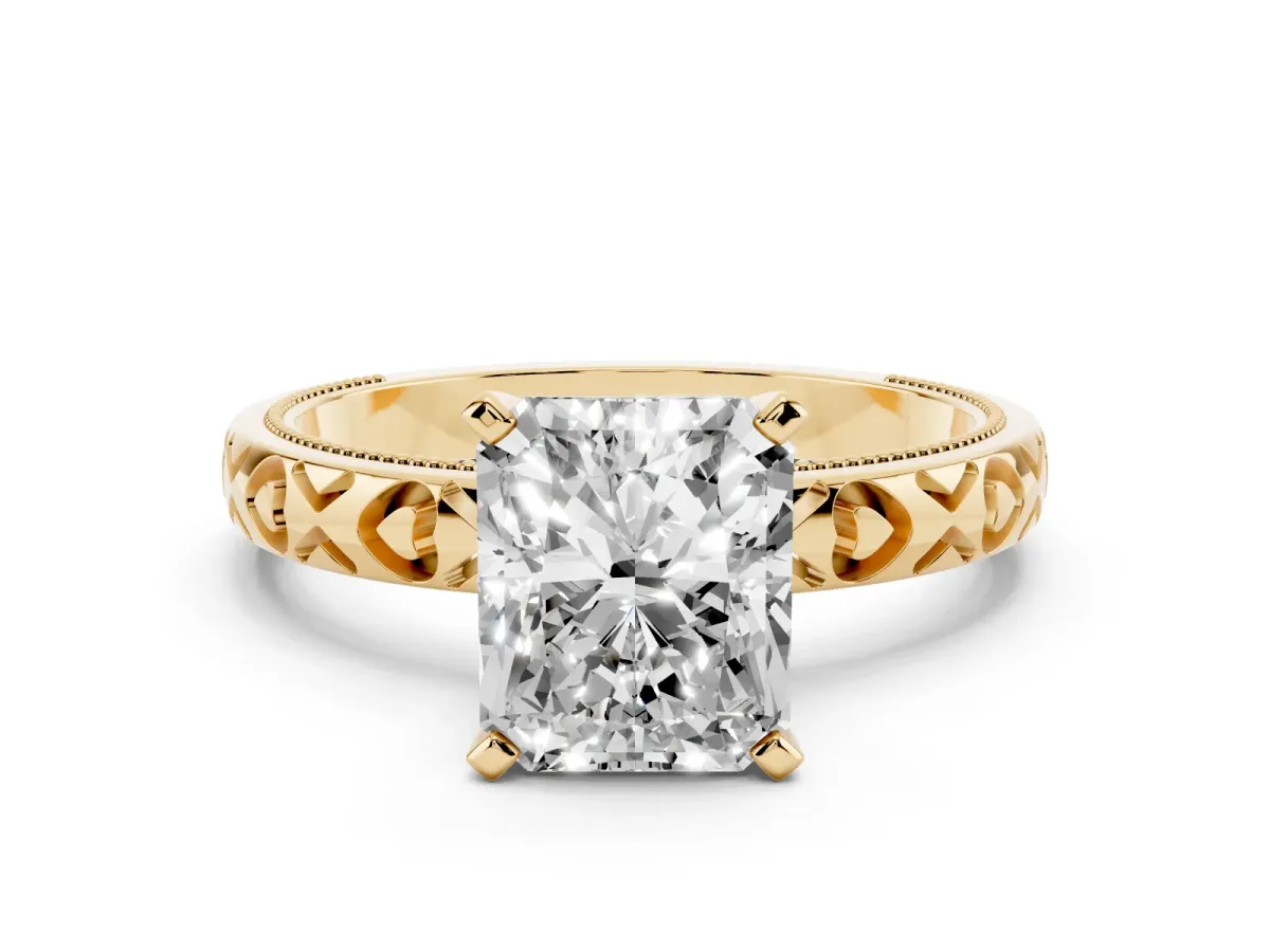 Radiant Cut Solitaire Diamond Engagement Ring with XO Engraved Band and Four-Prong Setting Yellow gold