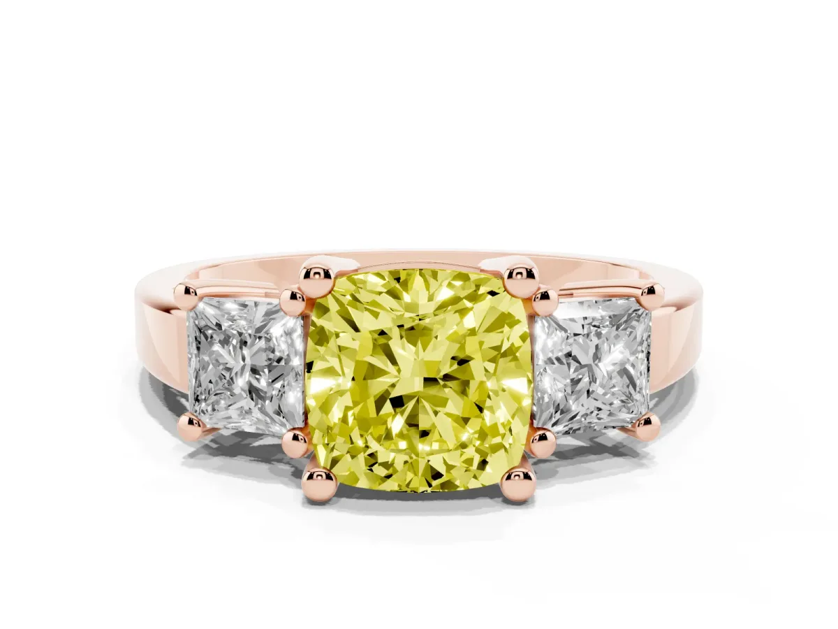 Fancy Yellow Three-Stone Cushion Cut Cut Solitaire Ring with Prong Setting Rose gold