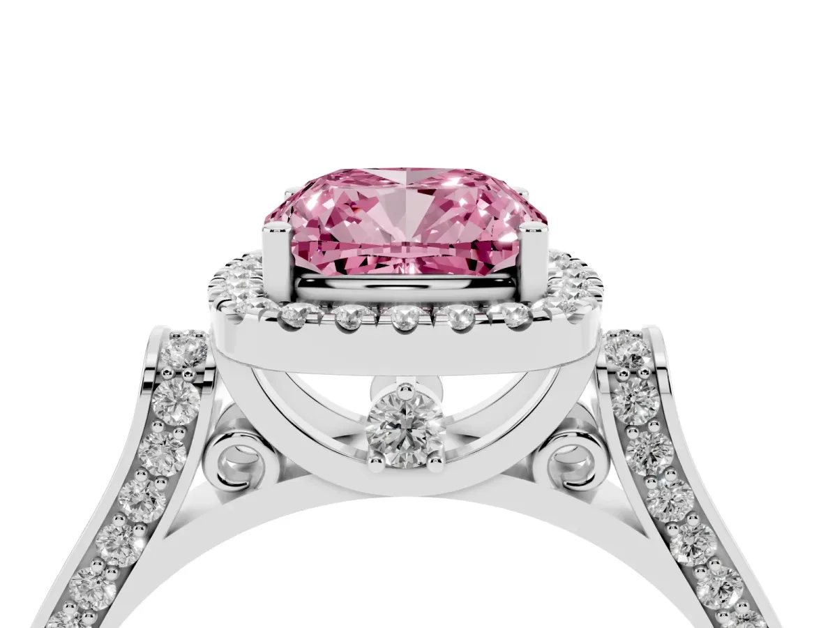 Fancy Pink Cushion Cut Halo Pave Split Shank Prong Setting Ring Silver