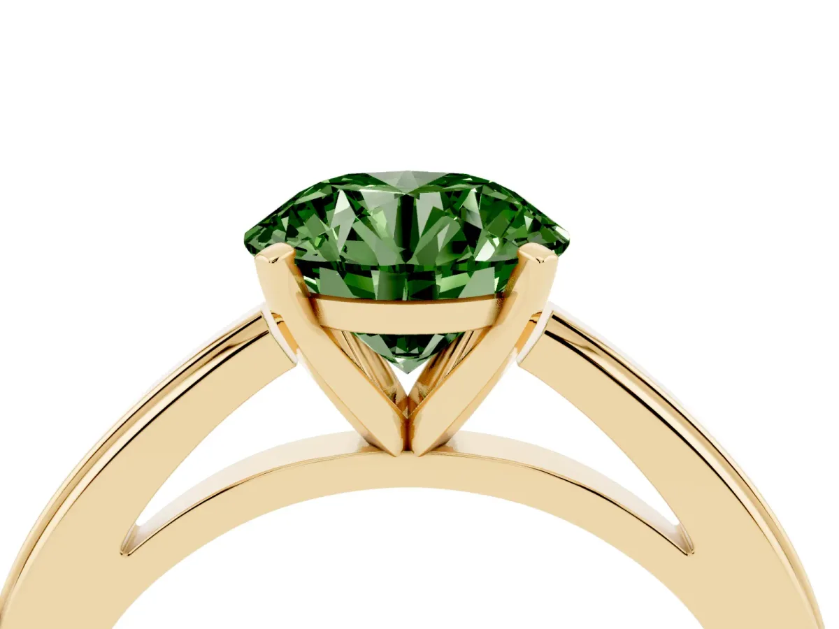 Fancy Green Round Cut Solitaire Diamond Ring with Four-Prong Setting and Classic Band Yellow gold
