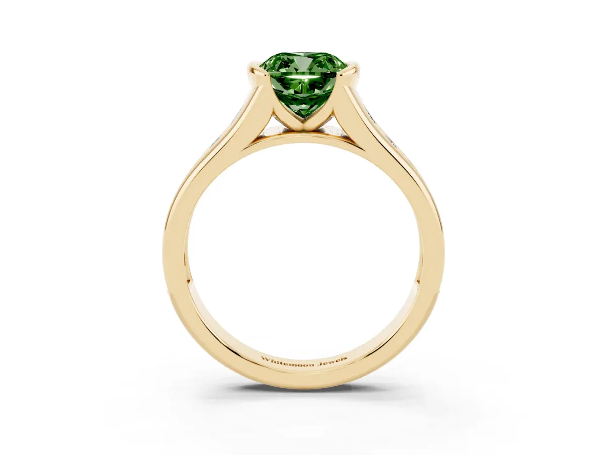 Fancy Green Cushion Cut Solitaire Bezel-Set Diamond Ring with Channel-Set Band Yellow gold