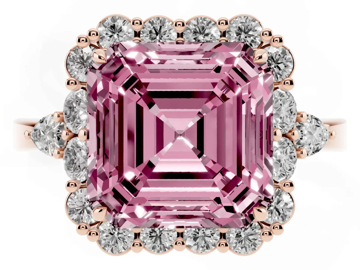Fancy Pink Asscher Cut Diamond Halo Ring with Pear Side Stones and Prong Setting Rose gold